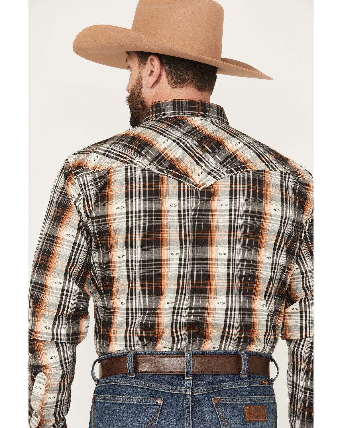 Image #4 - Cowboy Hardware Men's Plaid Print Long Sleeve Snap Stretch Western Shirt, Dark Brown, hi-res