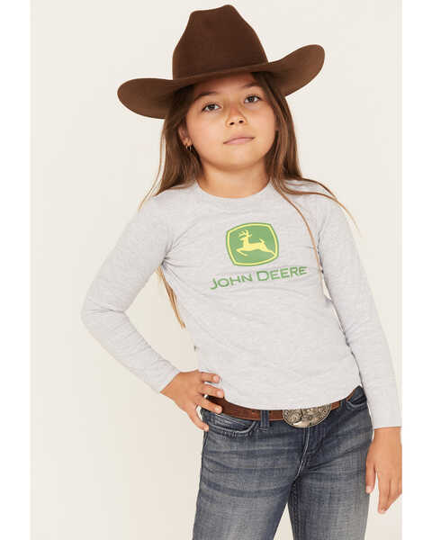 John Deere Little Girls' Glitter Logo Graphic Long Sleeve Tee, Grey, hi-res