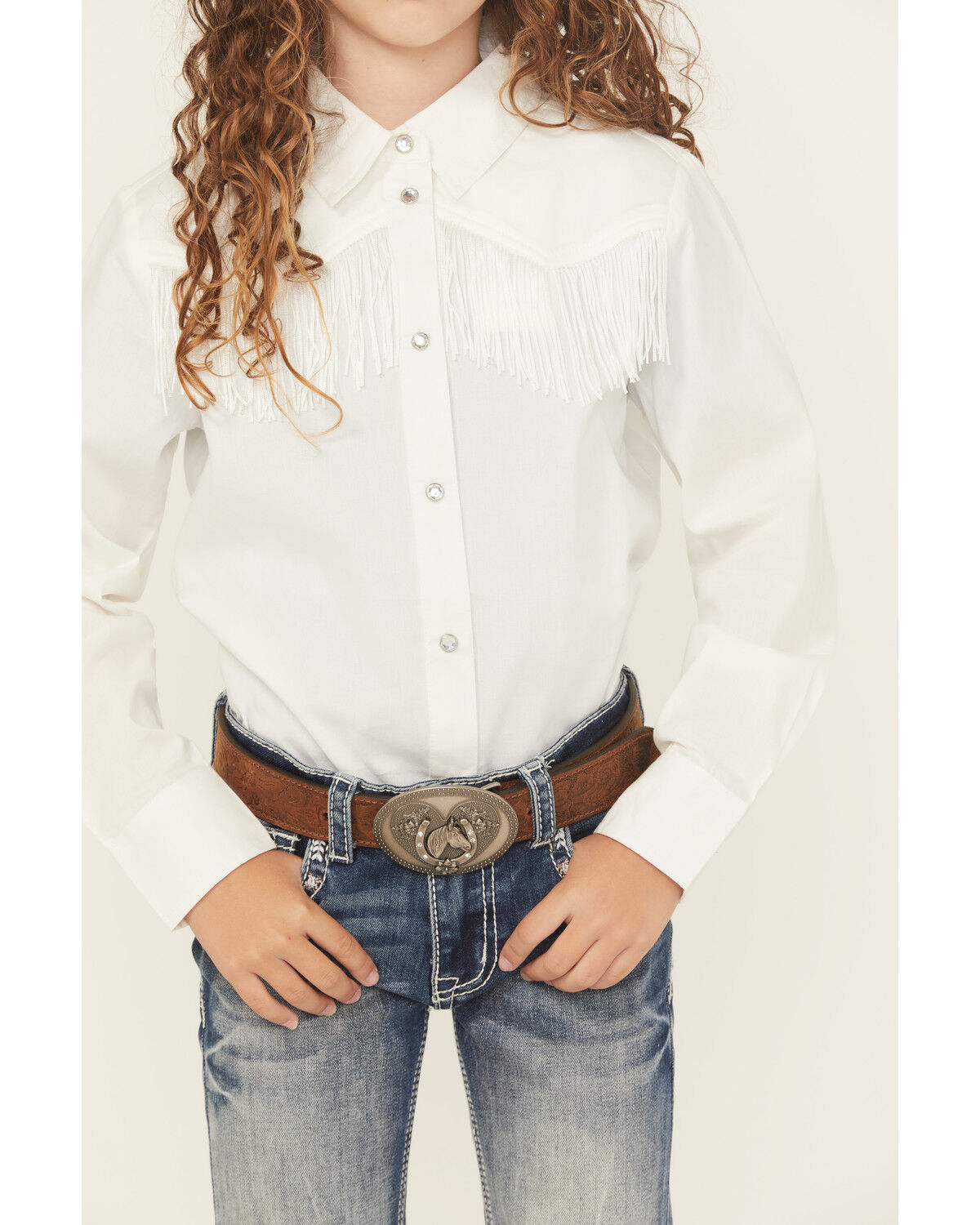 Image #3 - Shyanne Girls' Rhinestone Fringe Long Sleeve Snap Stretch Western Shirt, White, hi-res