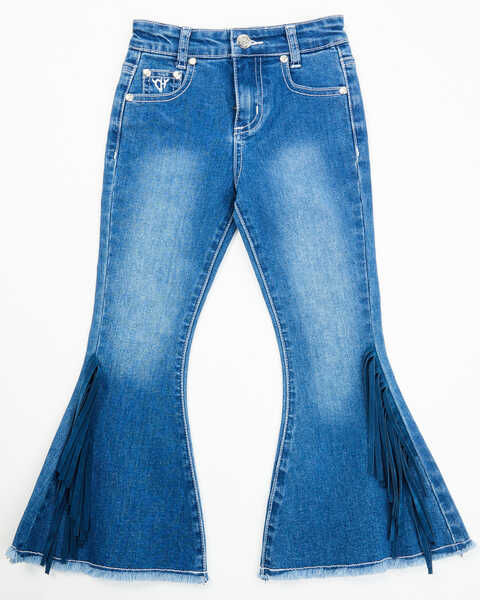 Image #1 - Cowgirl Hardware Toddler Girls' Fringe Bell Bottom Stretch Denim Jeans , Blue, hi-res