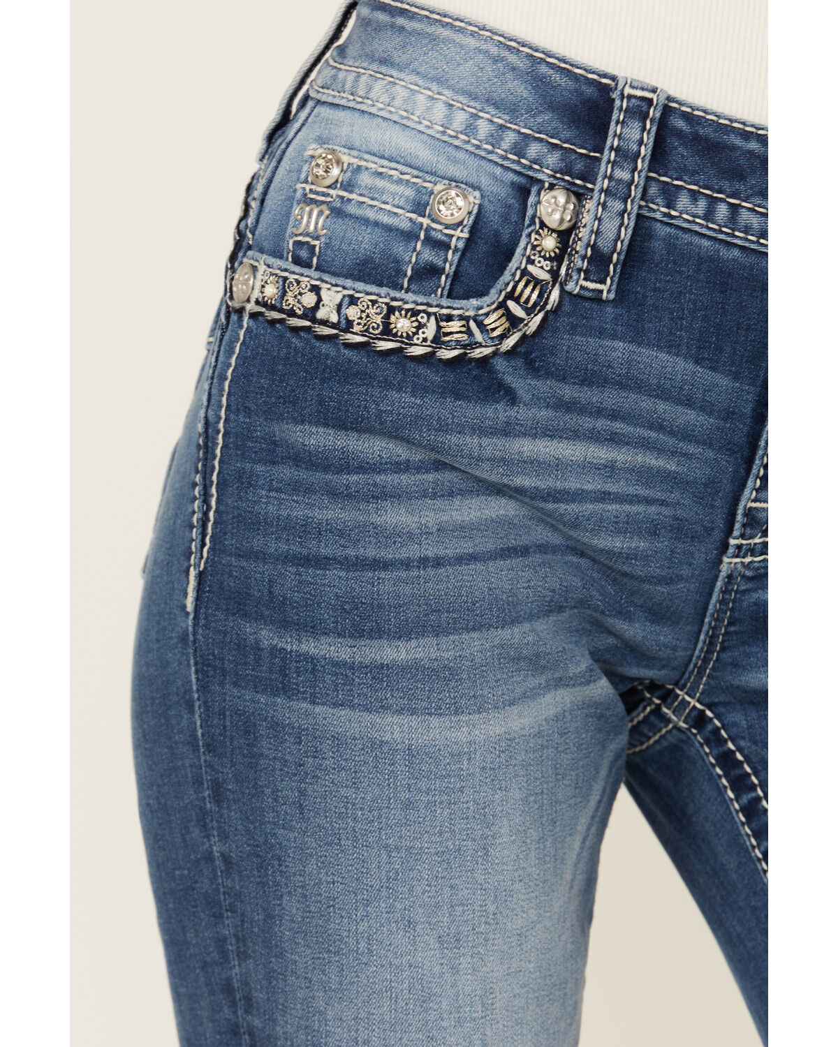 Image #4 - Miss Me Women's Medium Wash Mid Rise Border Flap Pocket Bootcut Stretch Denim Jeans, Medium Wash, hi-res