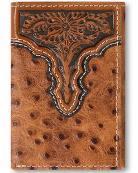 Image #1 - Ariat Men's Tri-Fold Ostrich Print Floral Embossed Wallet , Brown, hi-res