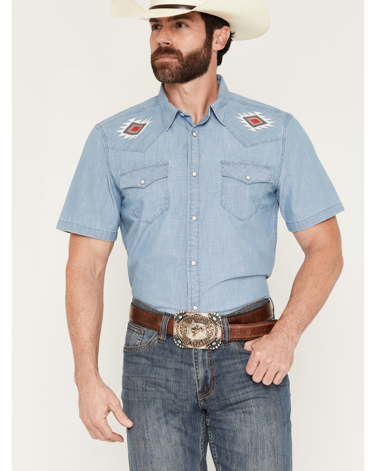 Image #1 - Cody James Men's Tucson Embroidered Denim Short Sleeve Snap Western Shirt, Light Wash, hi-res
