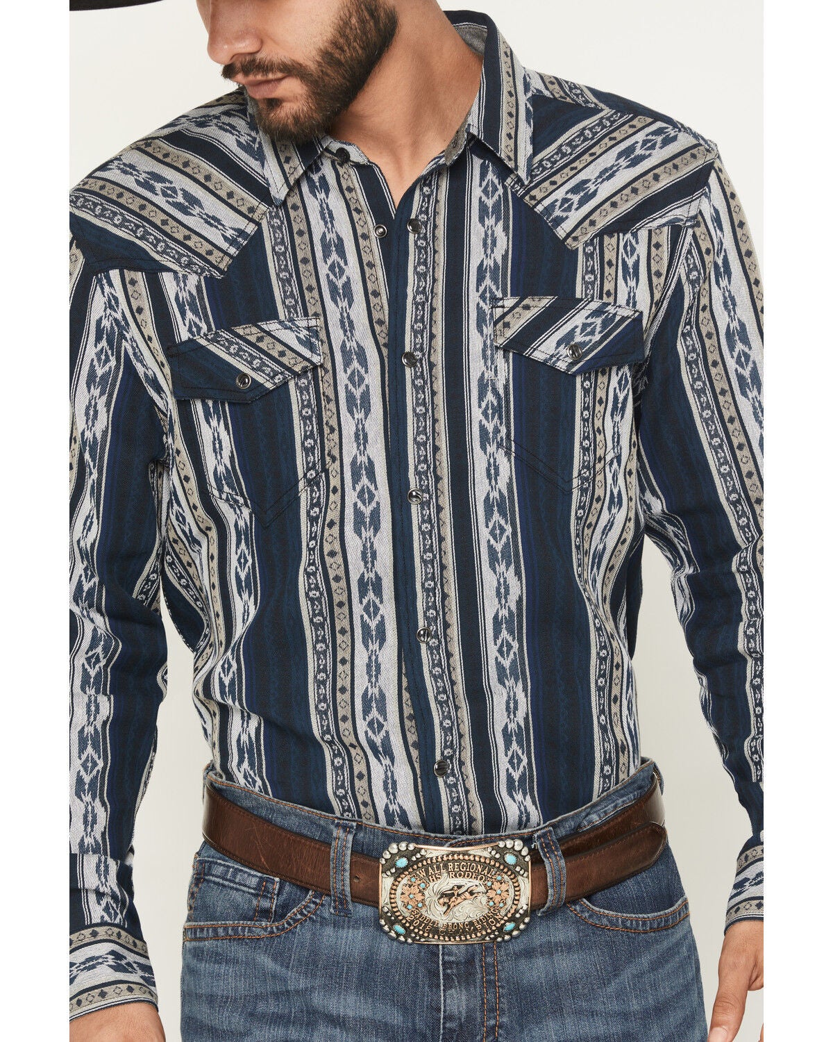 Image #3 - Cody James Men's Ford Southwestern Stripe Print Long Sleeve Snap Western Shirt, Blue, hi-res