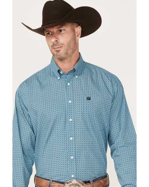 Cinch Men's Diamond Geo Print Button Down Western Shirt , Blue, hi-res