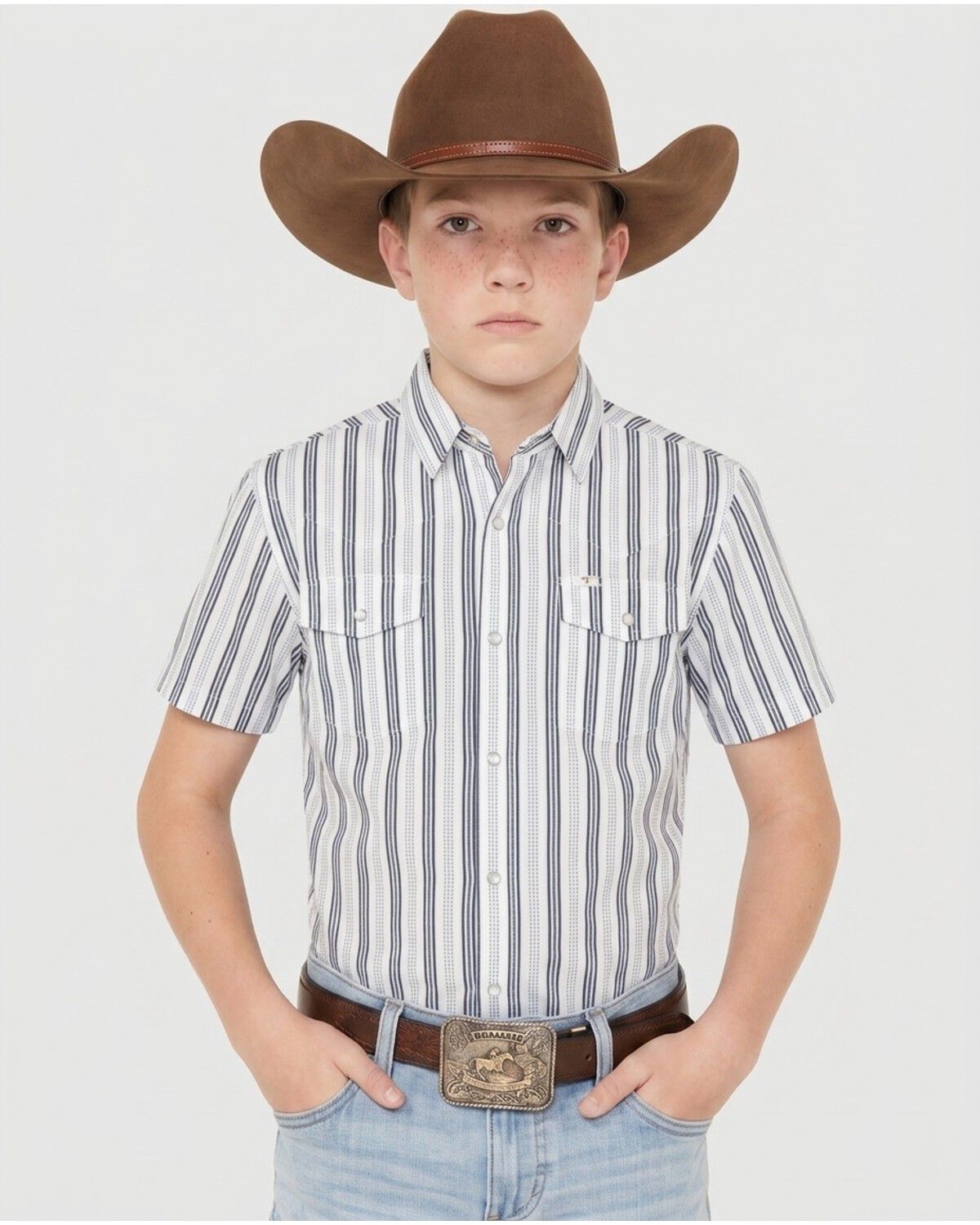 Ferrell Boys' Jake Tek Striped Print Short Sleeve Snap Performance Western Shirt, White, hi-res