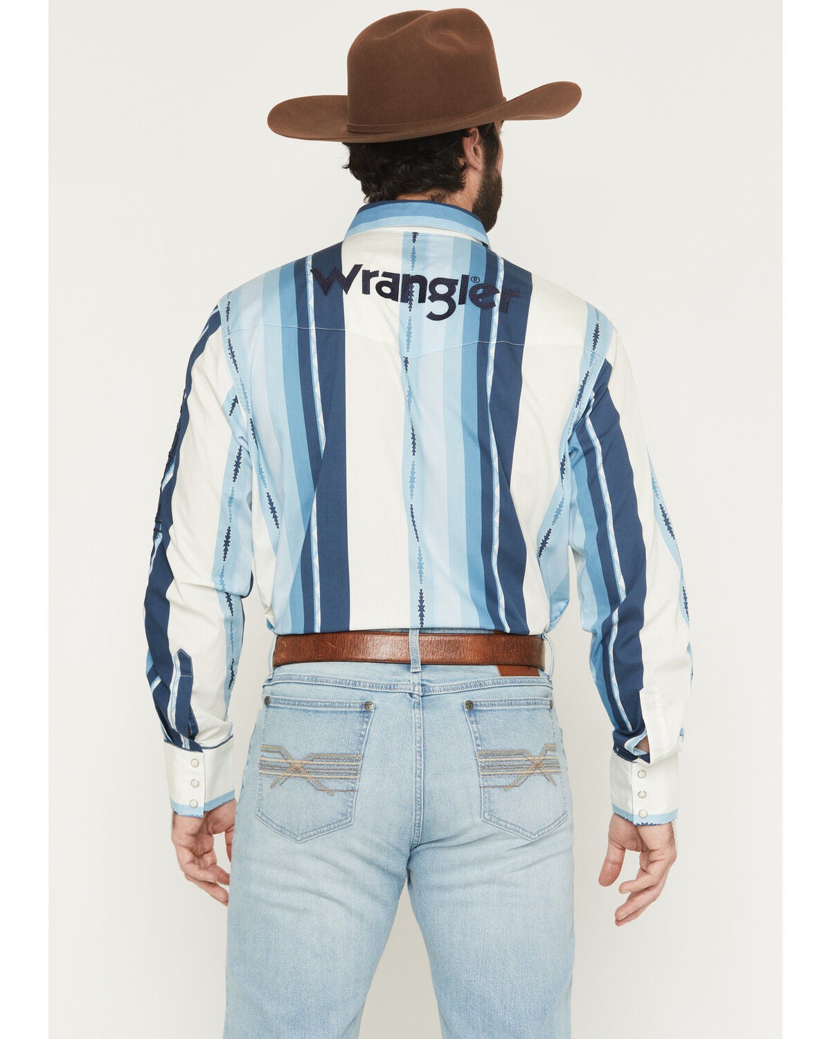 Image #4 - Wrangler Men's Logo Striped Long Sleeve Snap Western Shirt, Blue, hi-res