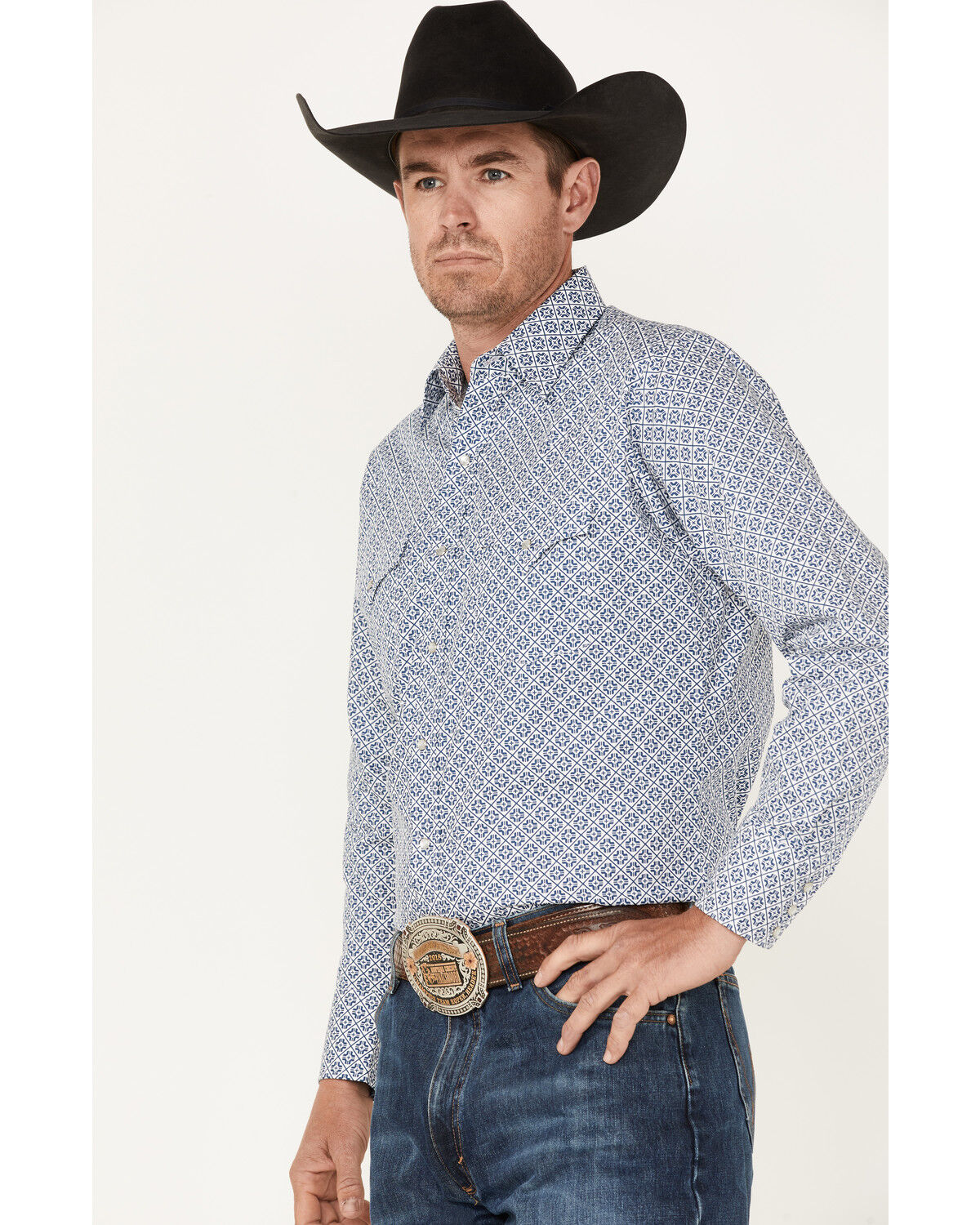 Image #2 - Ely Walker Men's Geo Print Long Sleeve Pearl Snap Western Shirt, Blue, hi-res