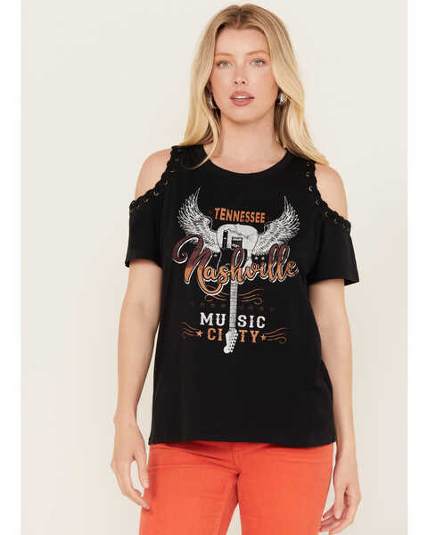 Image #1 - Blended Women's Cold Shoulder Nashville Music City Graphic Tee, Black, hi-res
