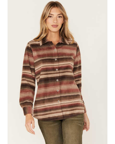 Image #1 - North River Women's Serape Stripe Print Long Sleeve Button Down Flannel Shirt, Olive, hi-res