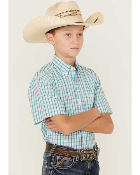 Image #2 - Panhandle Boys' Plaid Print Short Sleeve Button-Down Western Shirt , Aqua, hi-res
