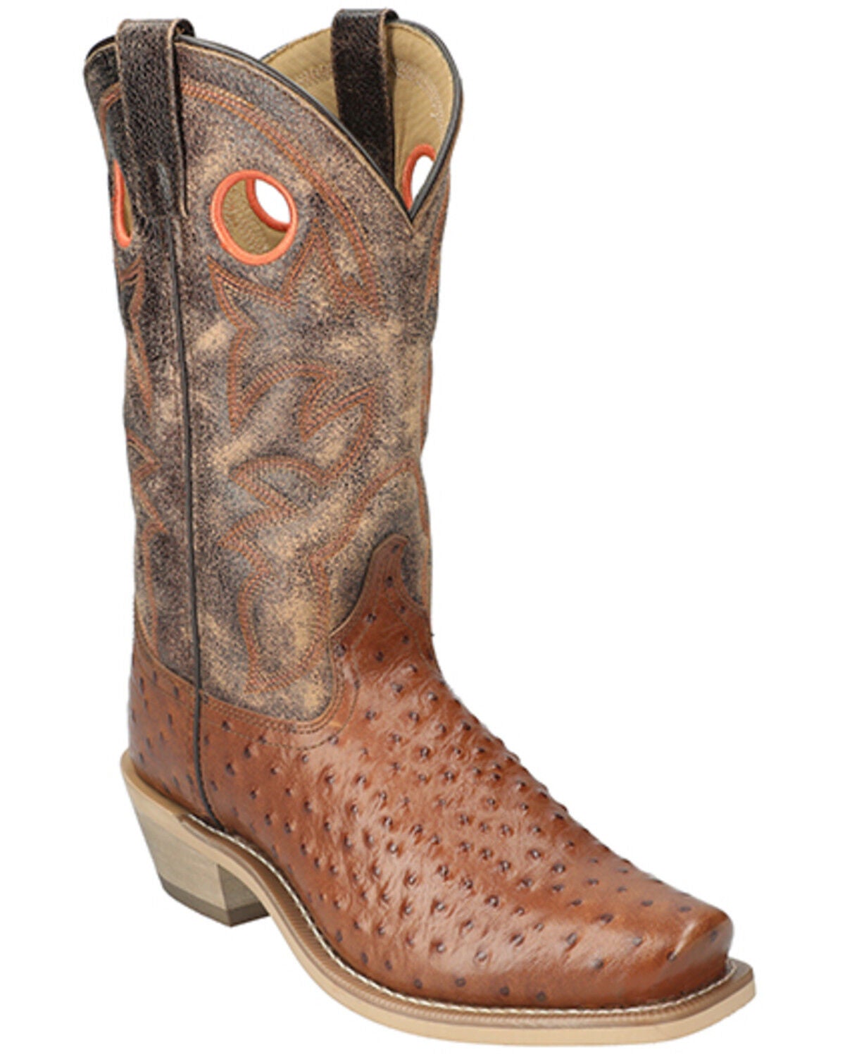 Image #1 - Smoky Mountain Men's Santa Fe Ostrich Print Performance Boots - Square Toe, Cognac, hi-res
