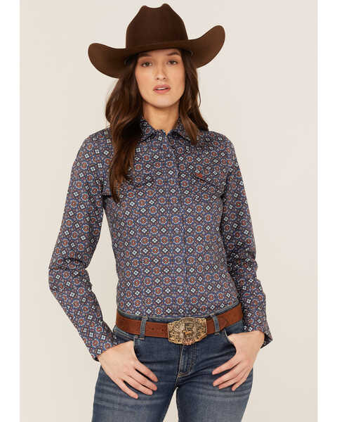 Image #1 - Cinch Women's Tile Print Long Sleeve Snap Western Core Shirt, Blue, hi-res