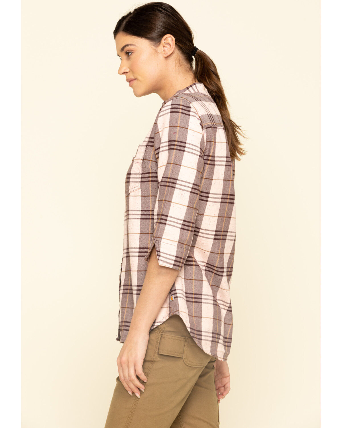Image #3 - Carhartt Women's Plaid Print Relaxed Fit Midweight 3/4 Sleeve Button-Down Work Shirt, Wine, hi-res