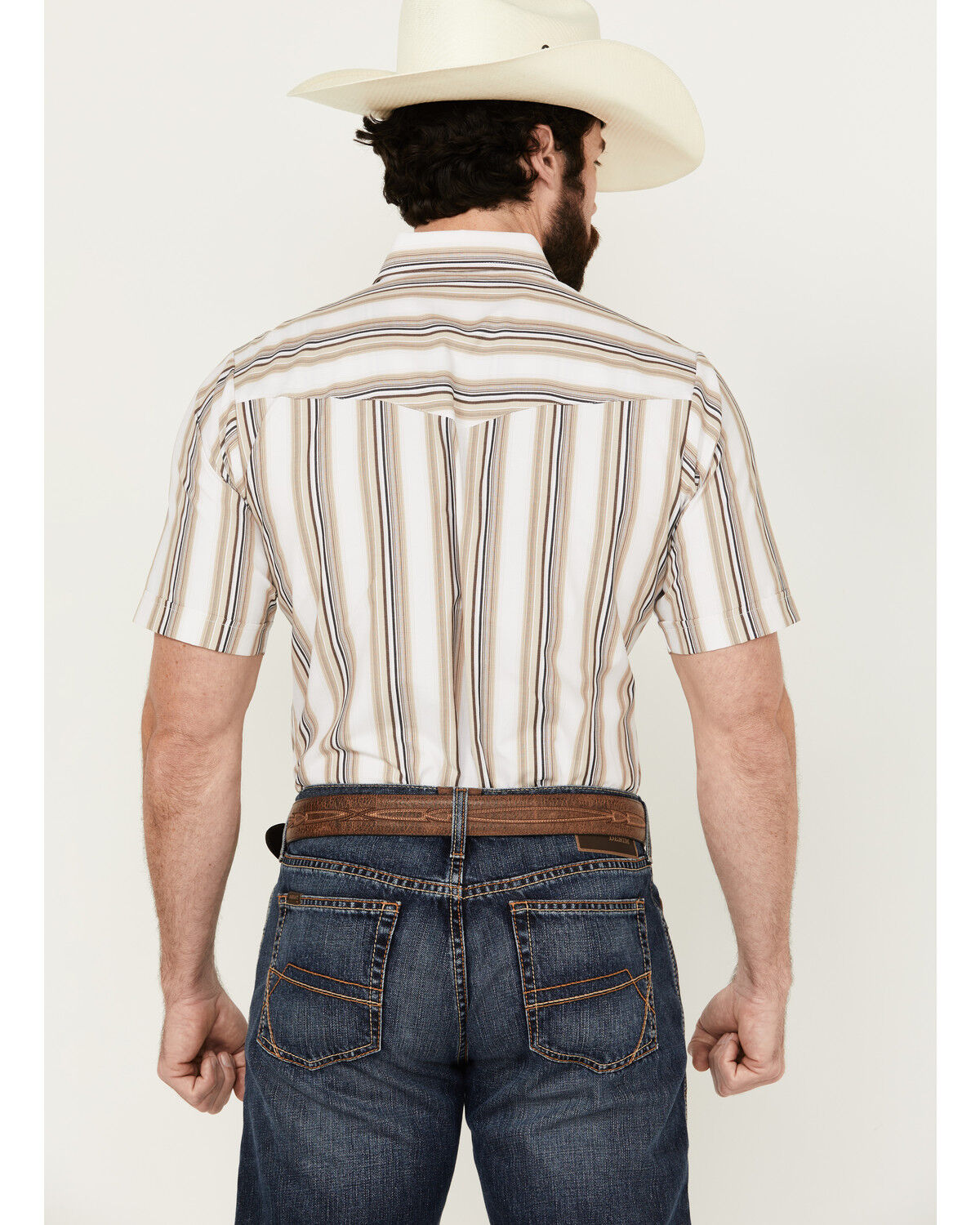 Image #4 - Ely Walker Men's Striped Print Short Sleeve Snap Western Shirt, Tan, hi-res