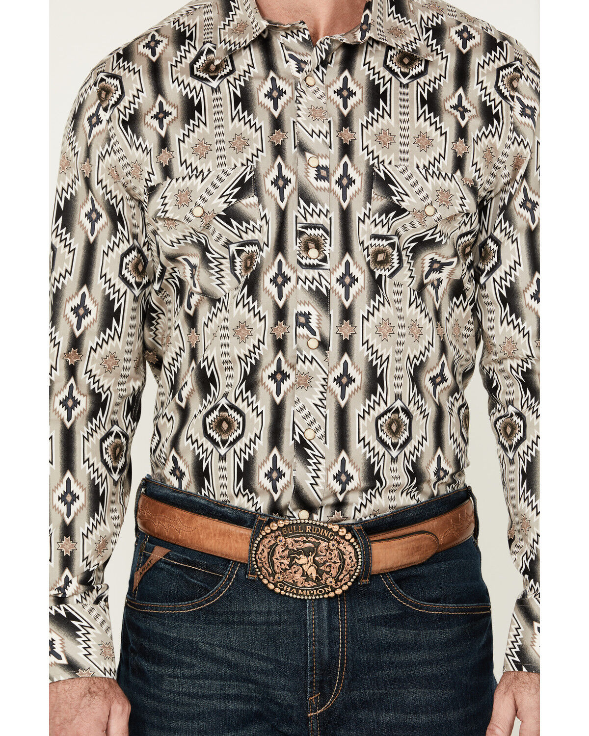 Image #3 - Rock & Roll Denim Men's Southwestern Long Sleeve Pearl Snap Stretch Western Shirt, Sand, hi-res