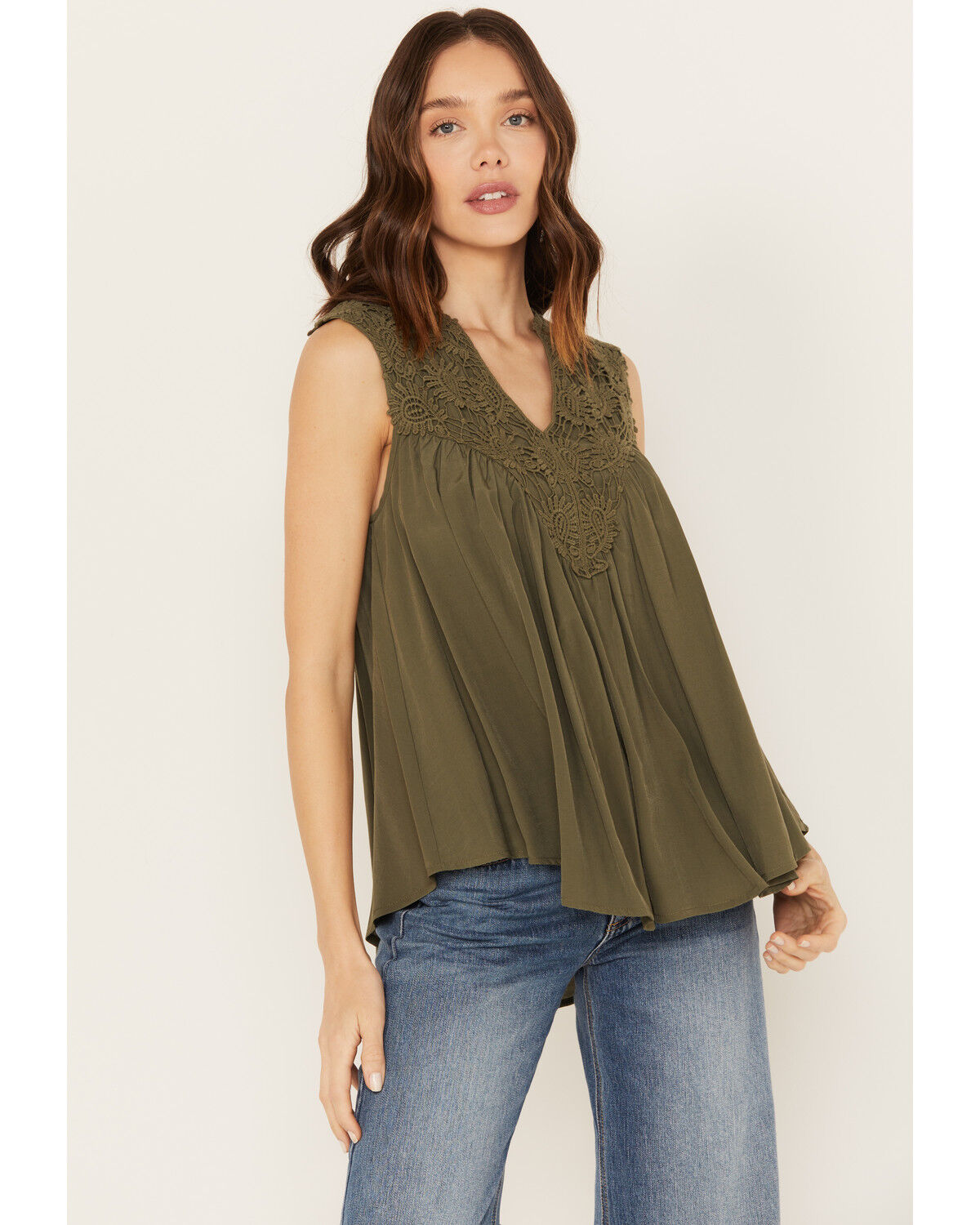Image #1 - Molly Bracken Women's Crochet Sleeveless Peasant Top, Olive, hi-res