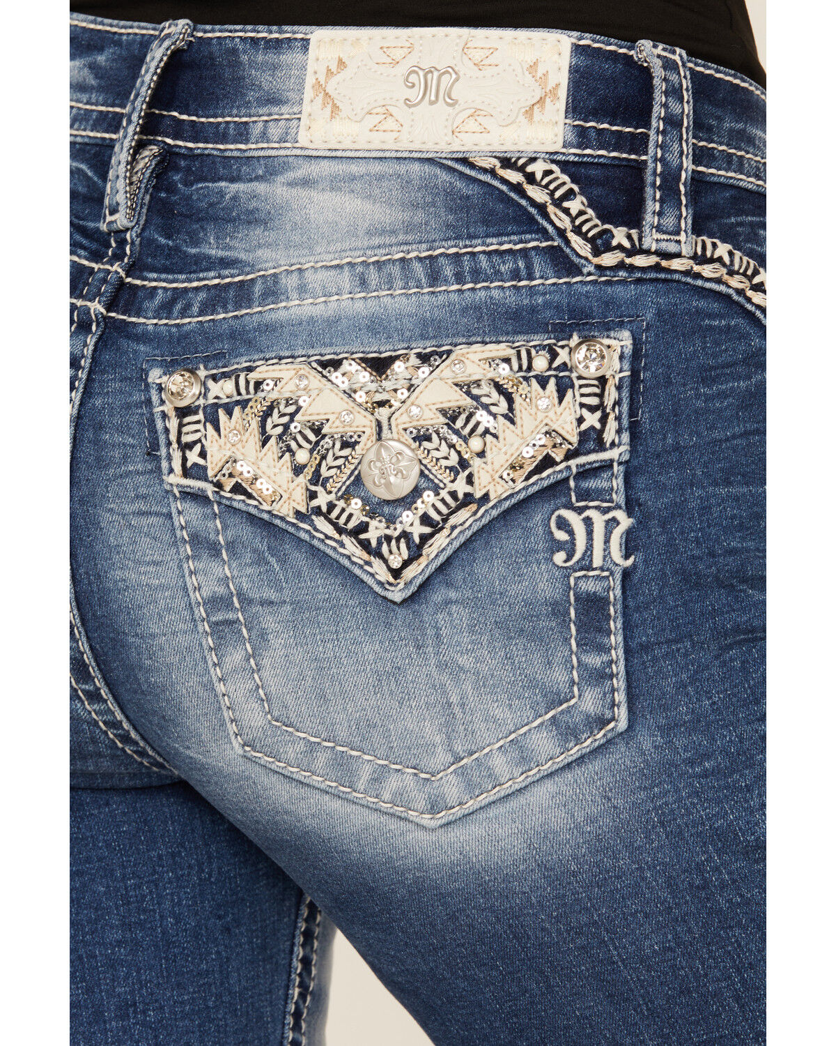 Image #2 - Miss Me Women's Medium Wash Mid Rise Southwestern Print Pocket 32" Bootcut Stretch Denim Jeans, Medium Wash, hi-res
