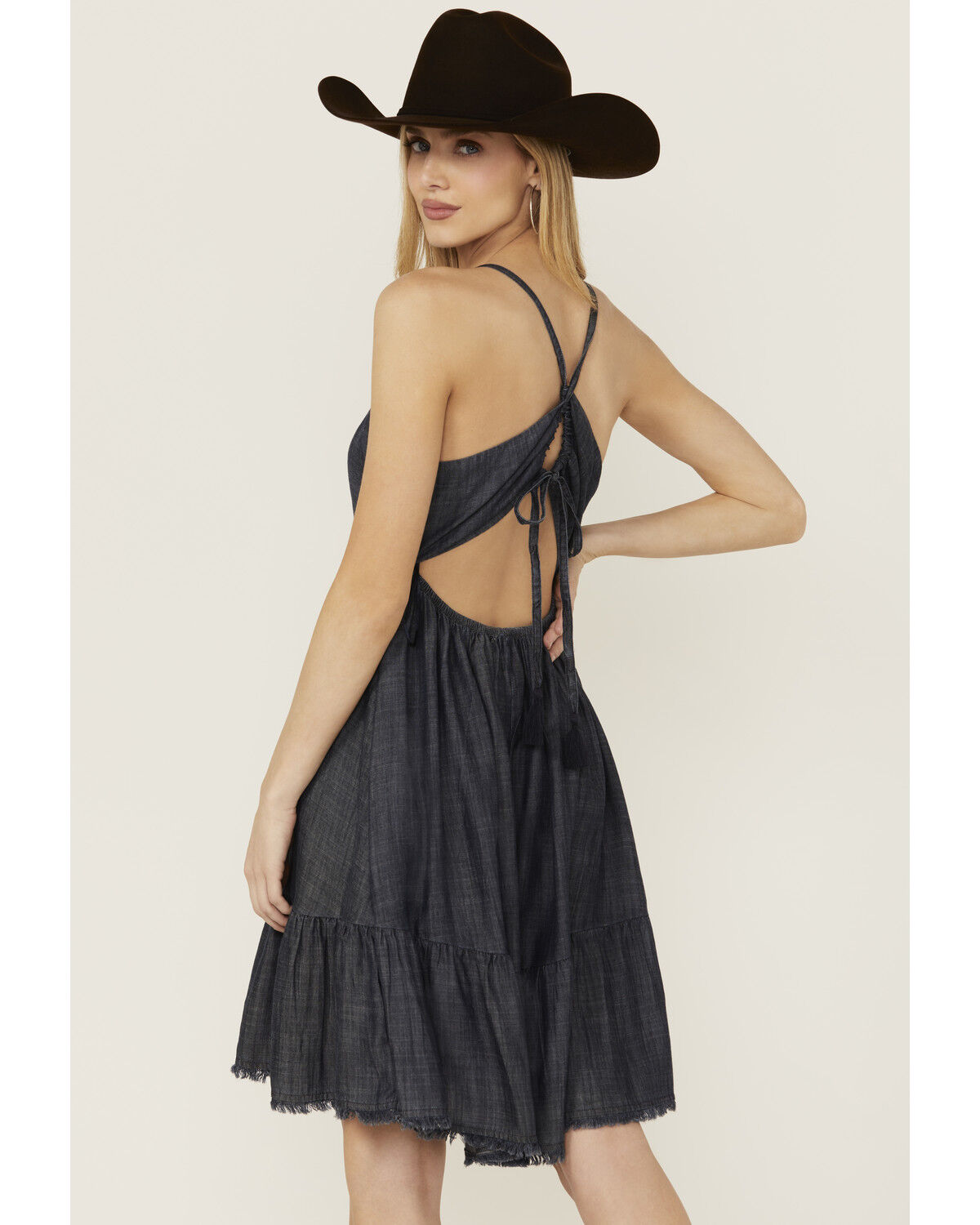 Image #4 - Ariat Women's Calico Chambray Tie Back Mini Dress, Navy, hi-res