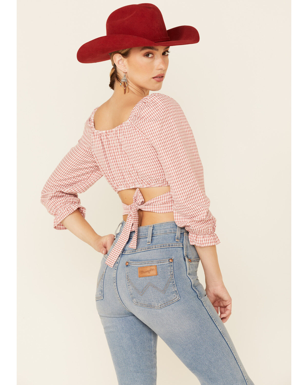 Image #4 - Beyond The Radar Women's Gingham Print Tie Back Crop Top, Rust Copper, hi-res