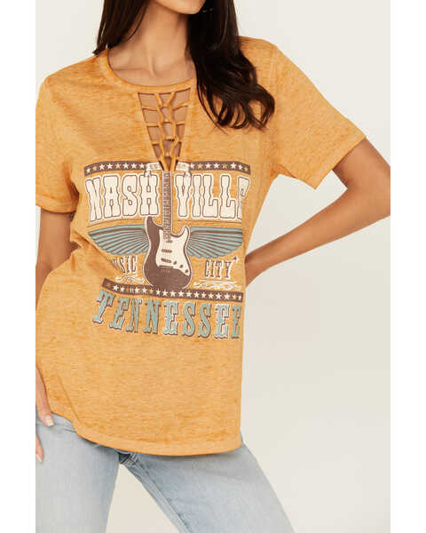 Image #3 - Blended Women's Lace-Up Nashville Short Sleeve Graphic Tee, Mustard, hi-res