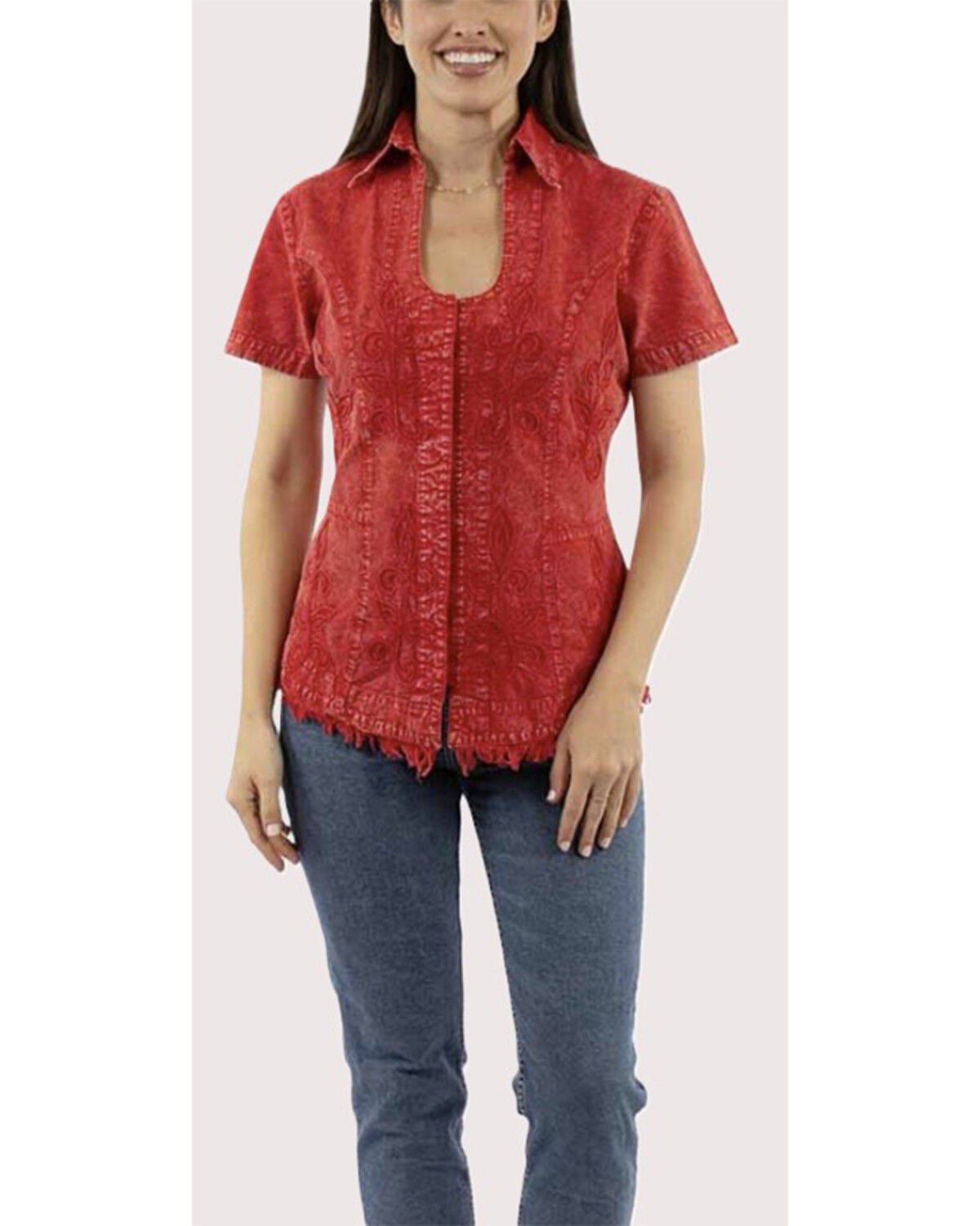 Scully Women's Short Sleeve Embroidered Cantina Blouse, Red, hi-res