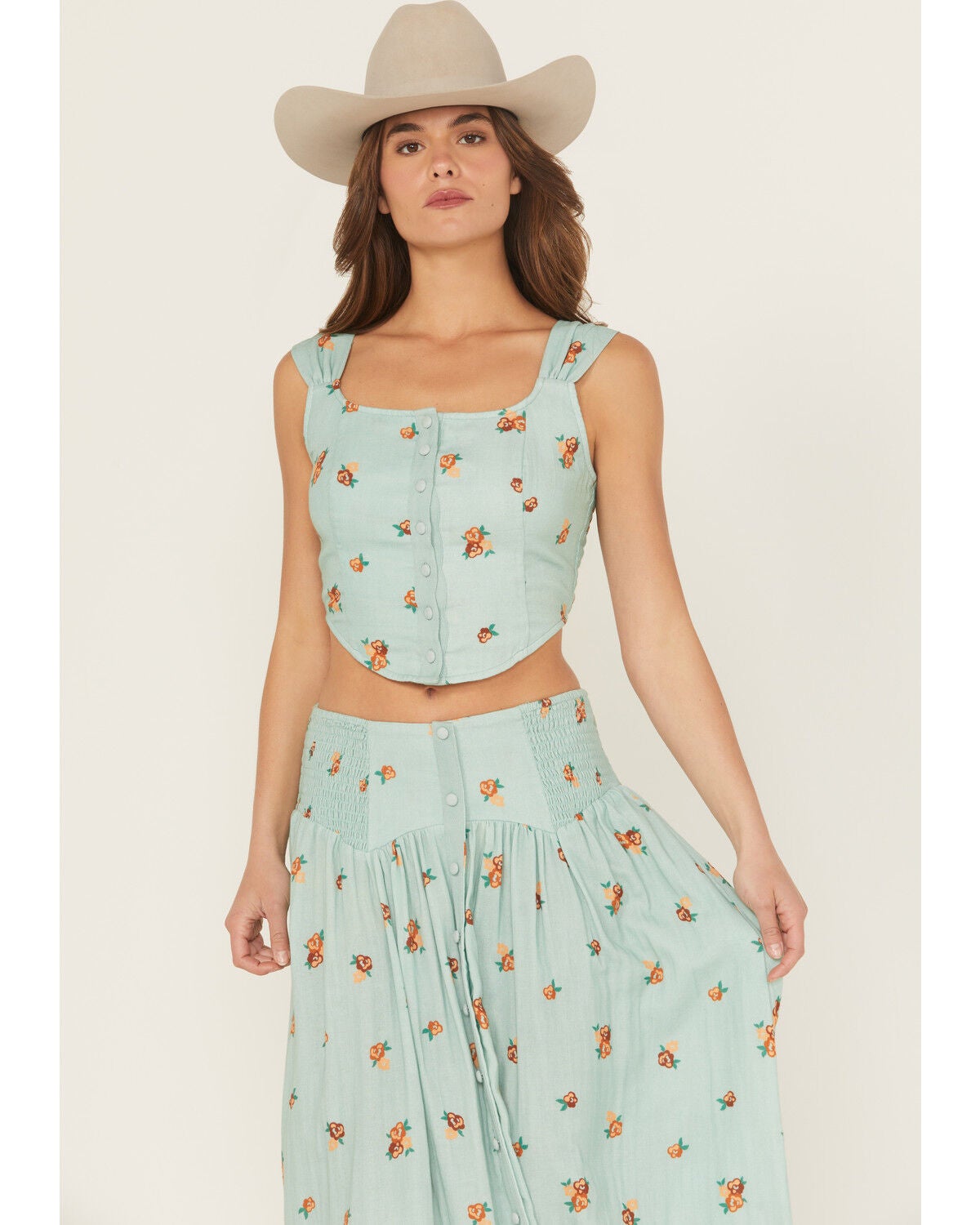 Rock & Roll Denim Women's Floral Print Button-Down Coreset Tank Top, Aqua, hi-res