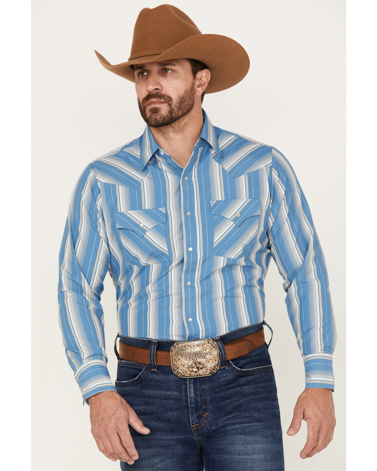 Image #1 - Ely Walker Men's Striped Long Sleeve Pearl Snap Western Shirt, Blue, hi-res