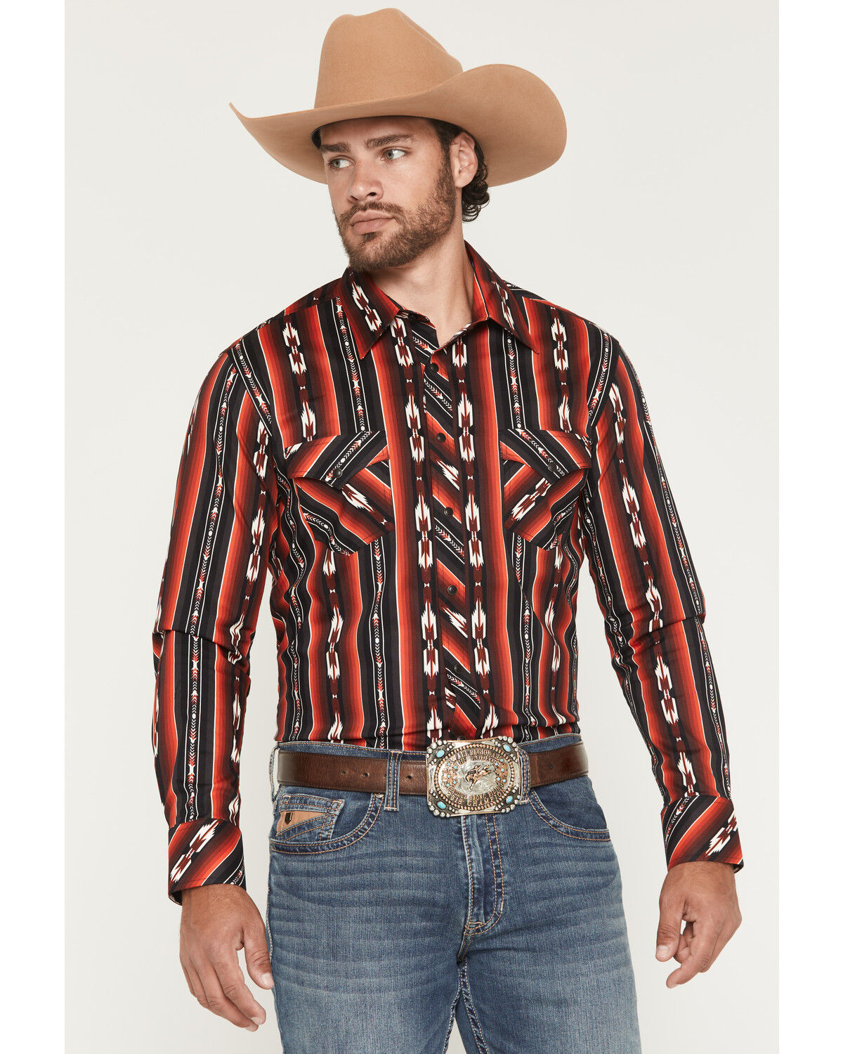 Image #1 - Rock & Roll Denim Men's Southwestern Stripe Long Sleeve Snap Stretch Western Shirt, Burgundy, hi-res