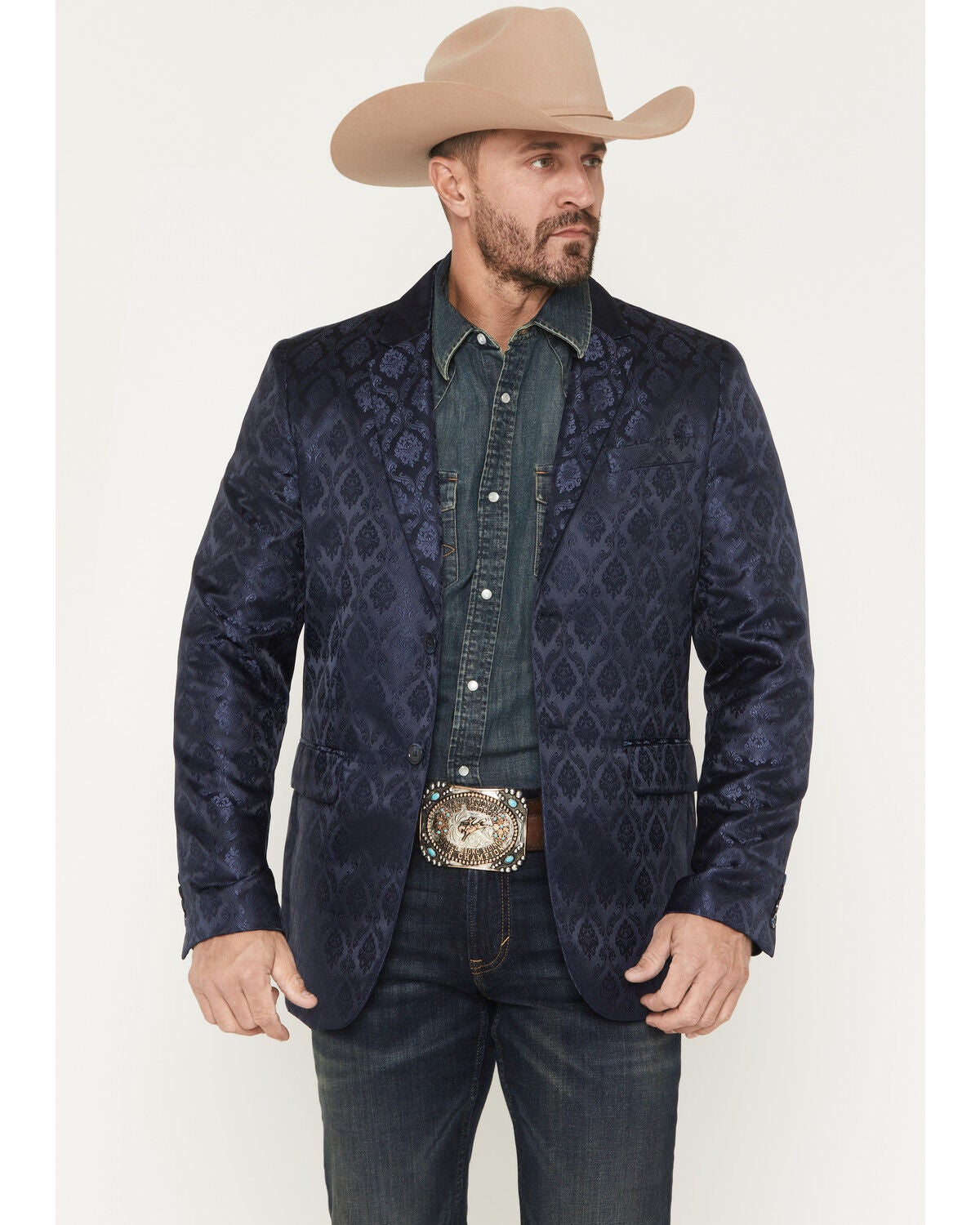 Rock & Roll Denim Men's Paisley Modern Fit Button-Down Sportcoat, Navy, hi-res