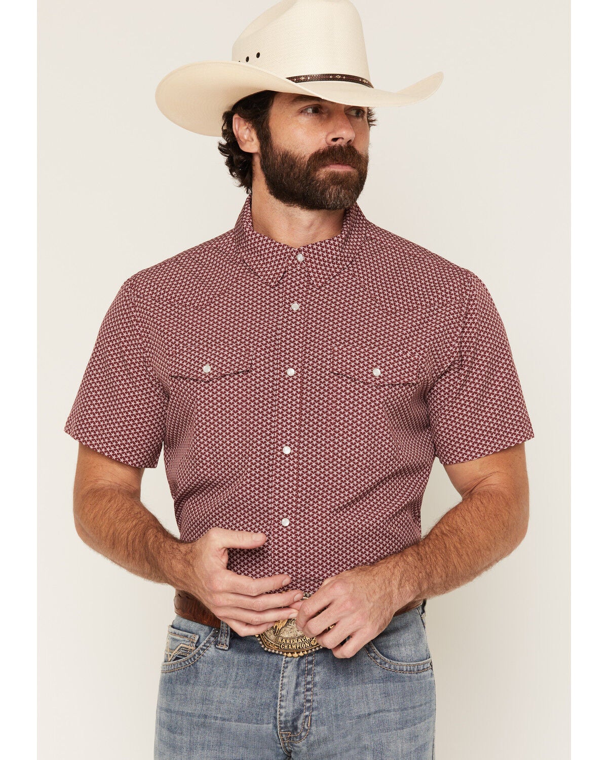 Image #1 - Panhandle Slim Men's Lone Star Print Short Sleeve Pearl Snap Performance Western Shirt, Wine, hi-res