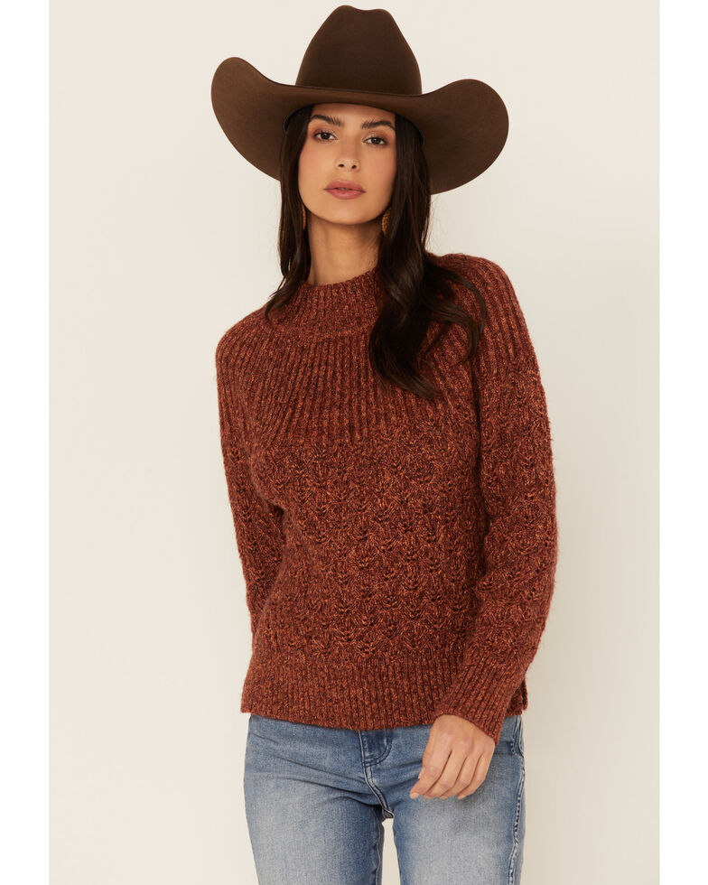 Lush Women's Rust Ribbed Yoke & Neck Pullover Sweater, Rust Copper, hi-res
