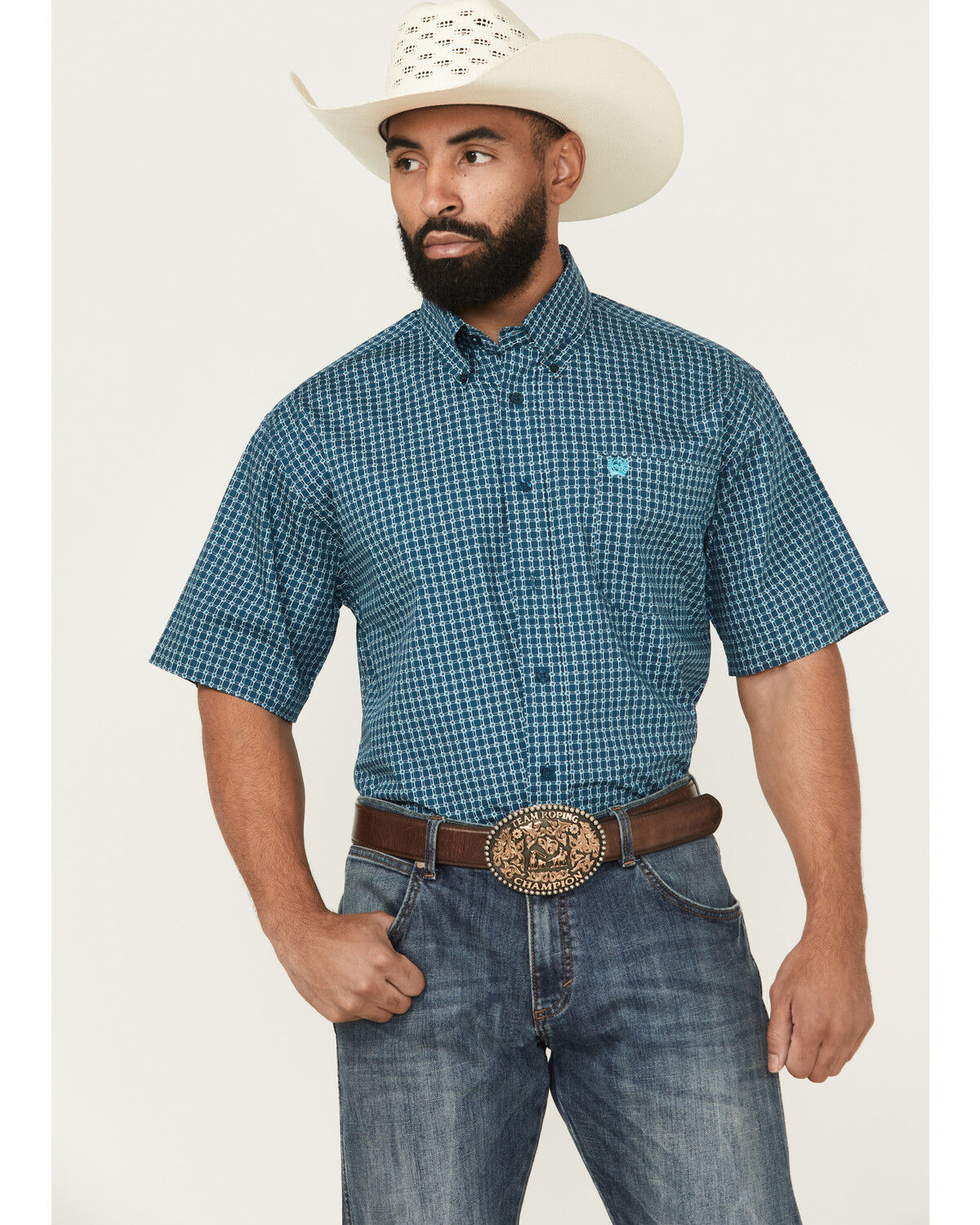 Image #1 - Cinch Men's Geo Print Short Sleeve Button-Down Western Shirt - Big, Blue, hi-res