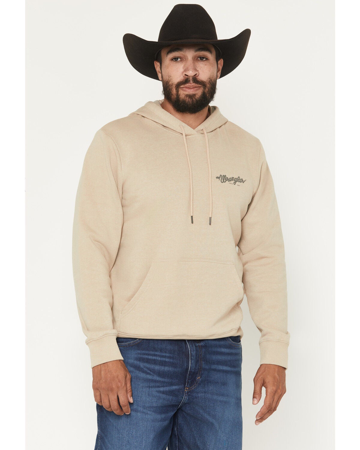 Image #2 - Wrangler Men's Boot Barn Exclusive Barbed Wire Logo Graphic Hooded Sweatshirt, Tan, hi-res
