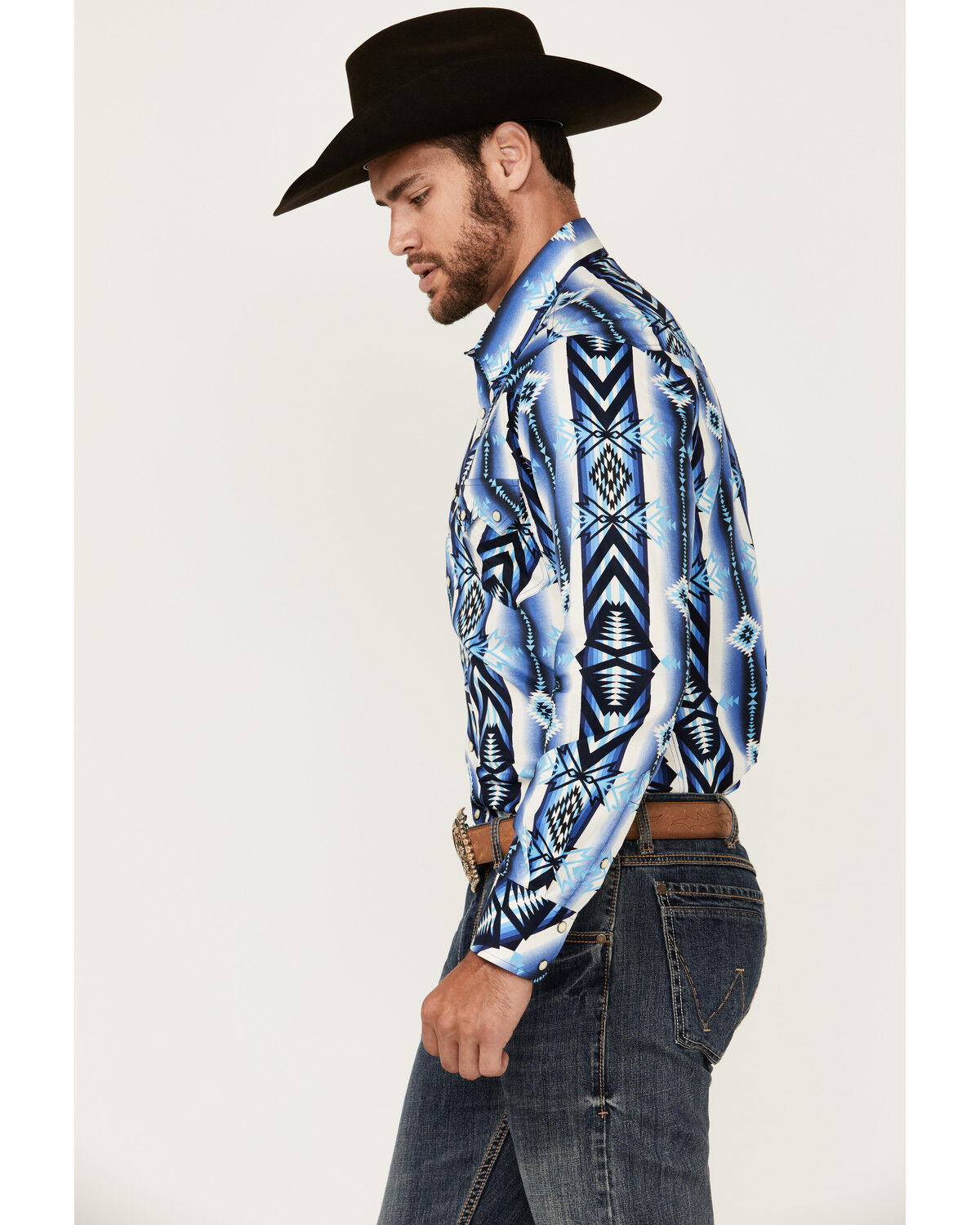 Image #2 - Rock & Roll Denim Men's Southwestern Print Long Sleeve Snap Stretch Western Shirt, Blue, hi-res