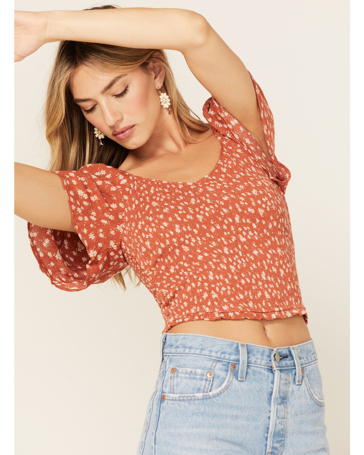 Image #4 - Beyond The Radar Women's Floral Print Smocked Top, Rust Copper, hi-res