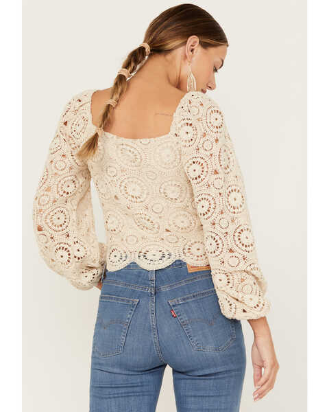 Image #4 - Flying Tomato Women's Crochet Long Sleeve Peasant Top, Natural, hi-res