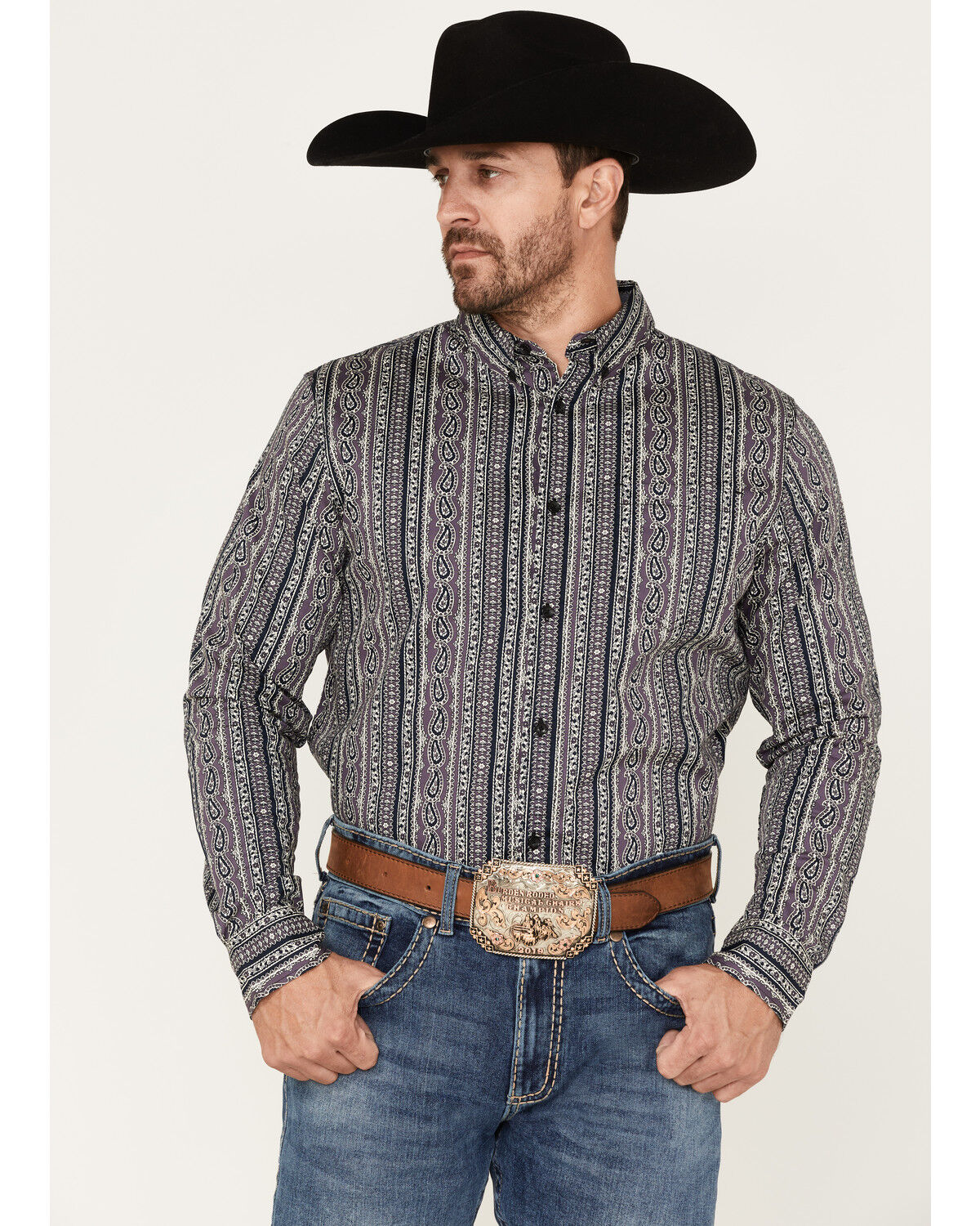 Image #1 - Cody James Men's Marsh Paisley Print Button Down Western Shirt, Purple, hi-res