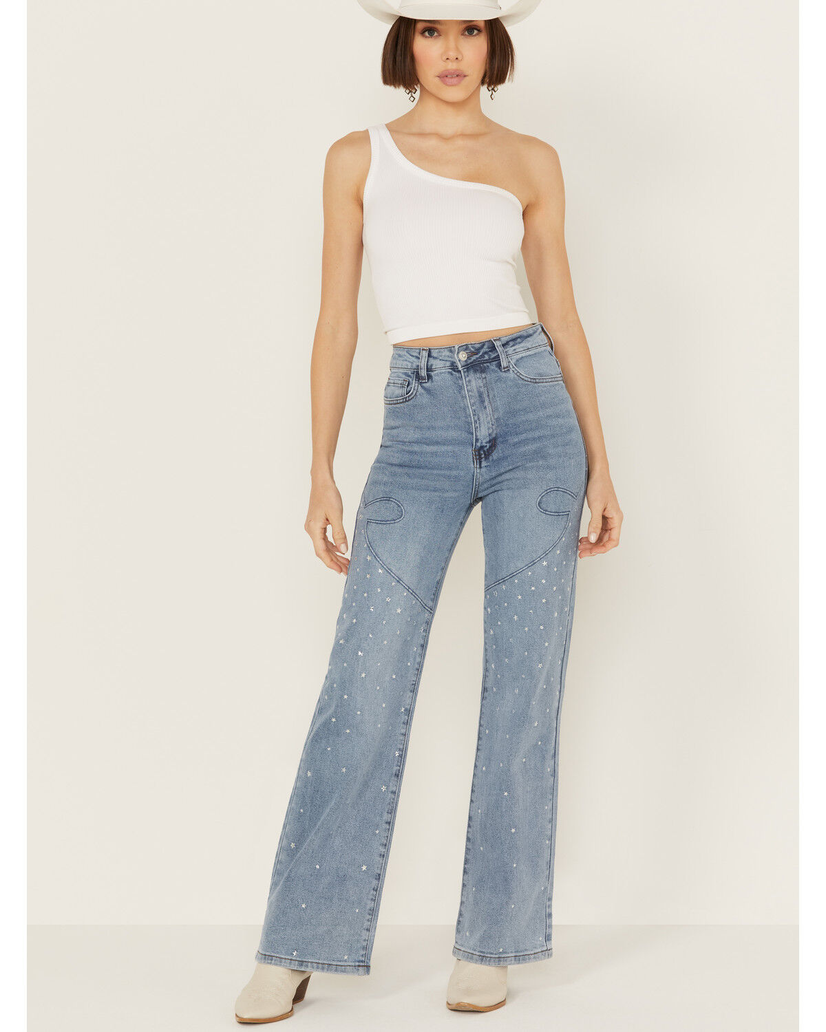 Image #1 - Vibrant Denim Women's Medium Wash High Rise Wide Leg Embellished Denim Jeans, Medium Wash, hi-res