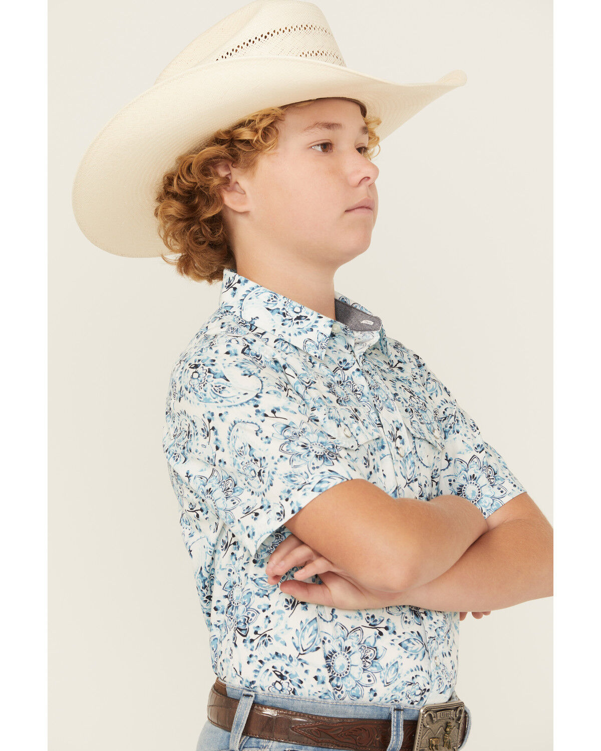 Image #3 - Cody James Boys' Frontier Threads Paisley Print Short Sleeve Snap Western Shirt, White, hi-res