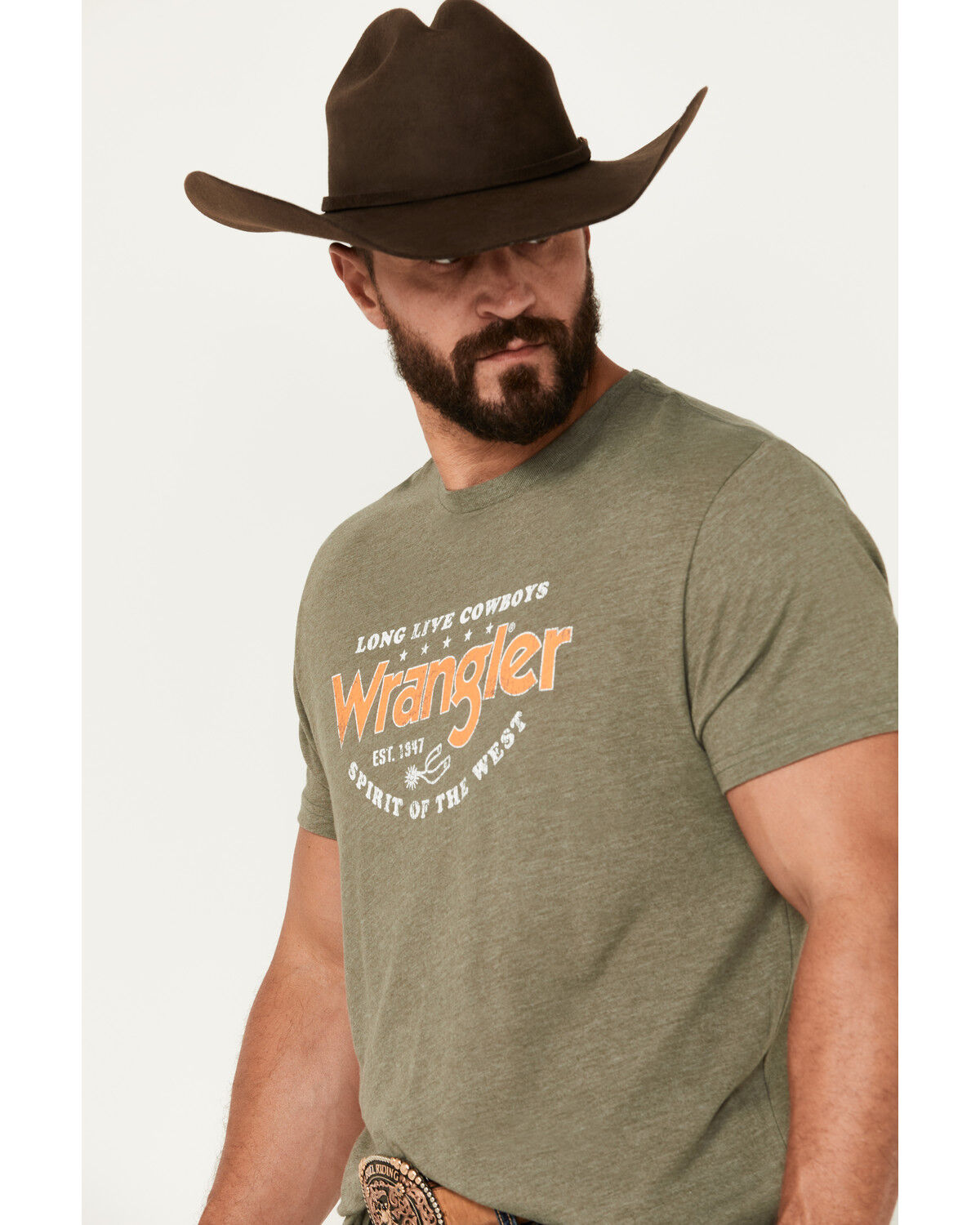 Image #2 - Wrangler Men's Boot Barn Exclusive Logo Short Sleeve Graphic T-Shirt, Olive, hi-res