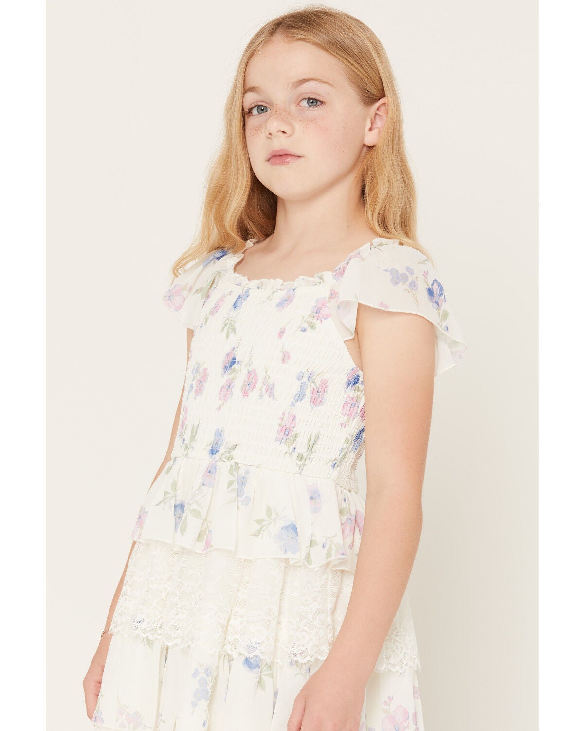 Image #2 - Sugar California Girls' Floral Print Lace Short Sleeve Dress, Ivory, hi-res