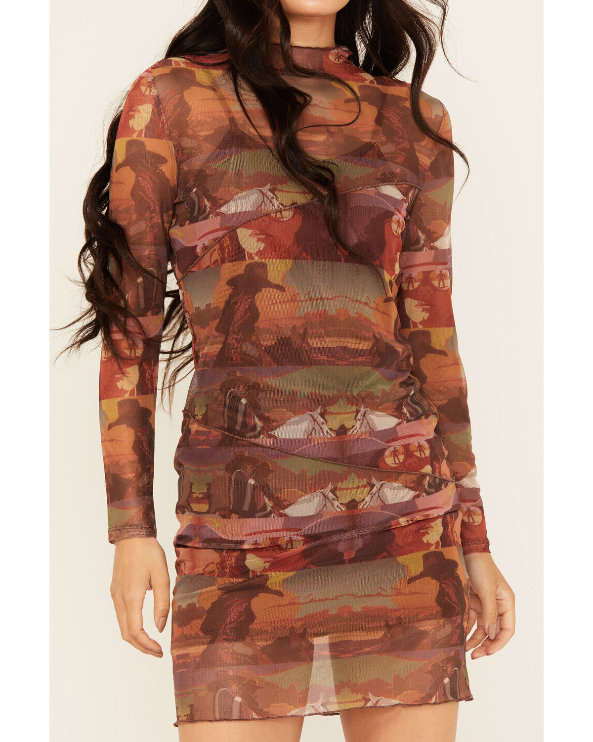 Image #3 - Rock & Roll Denim Women's Boot Barn Exclusive Mesh Desert Print Long Sleeve Mini Dress, Brown, hi-res