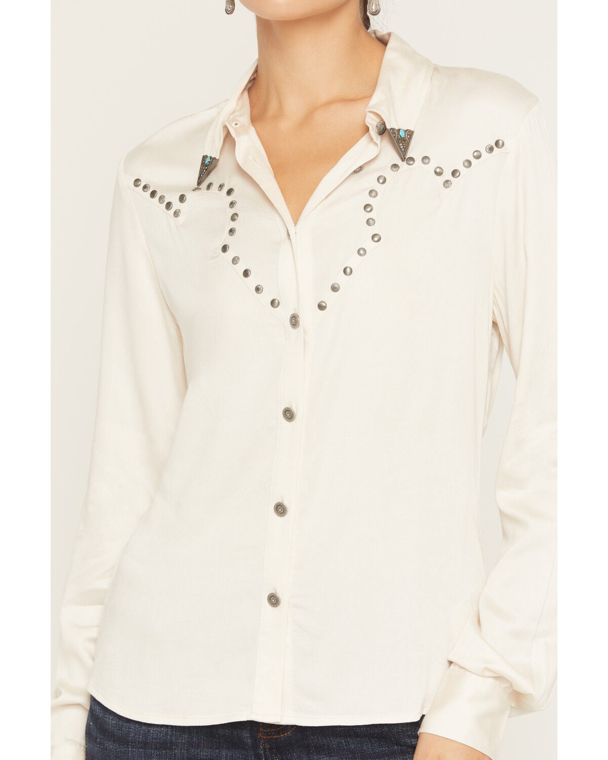 Image #3 - Idyllwind Women's Fairlawn Sateen Studded Long Sleeve Button-Down Western Shirt, Cream, hi-res