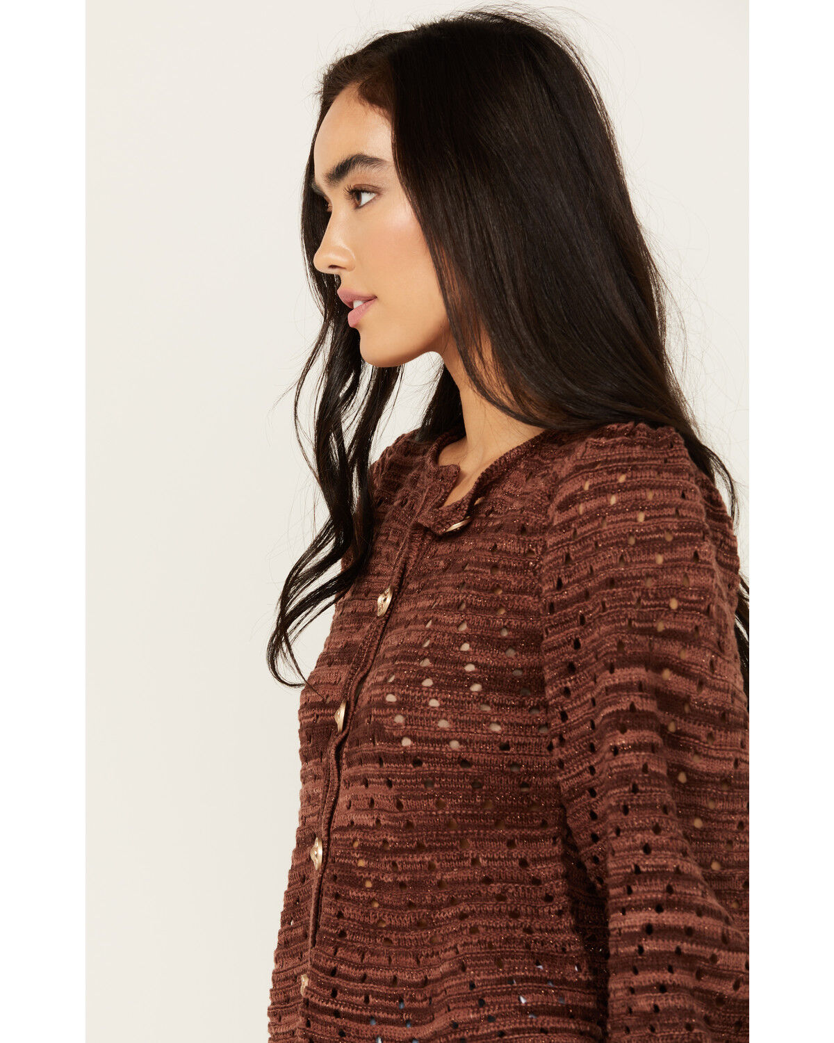 Image #2 - Miss Me Women's Open Weave Cardigan, Brown, hi-res