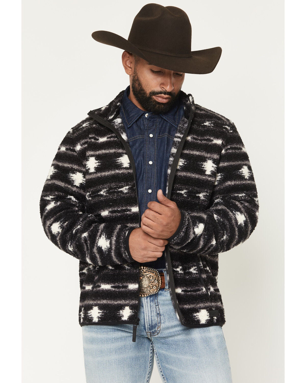 Rock & Roll Denim Men's Southwestern Striped Berber Jacket, Charcoal, hi-res
