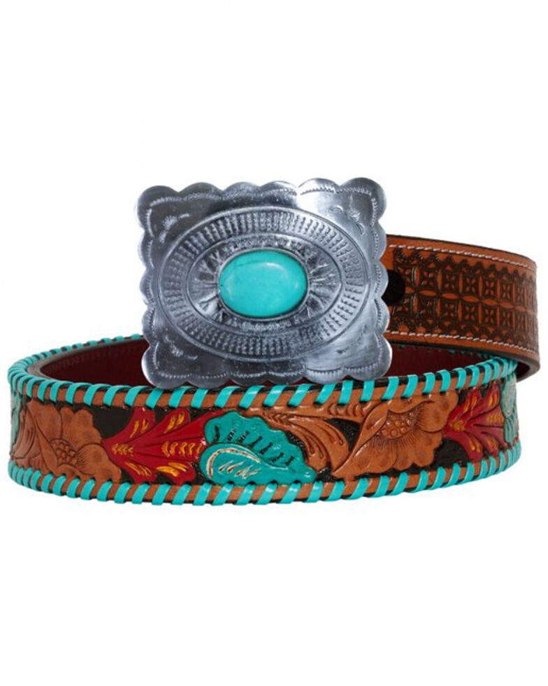Myra Bag Women's Tropical Forest Hand-Tooled Leather Belt, Brown, hi-res