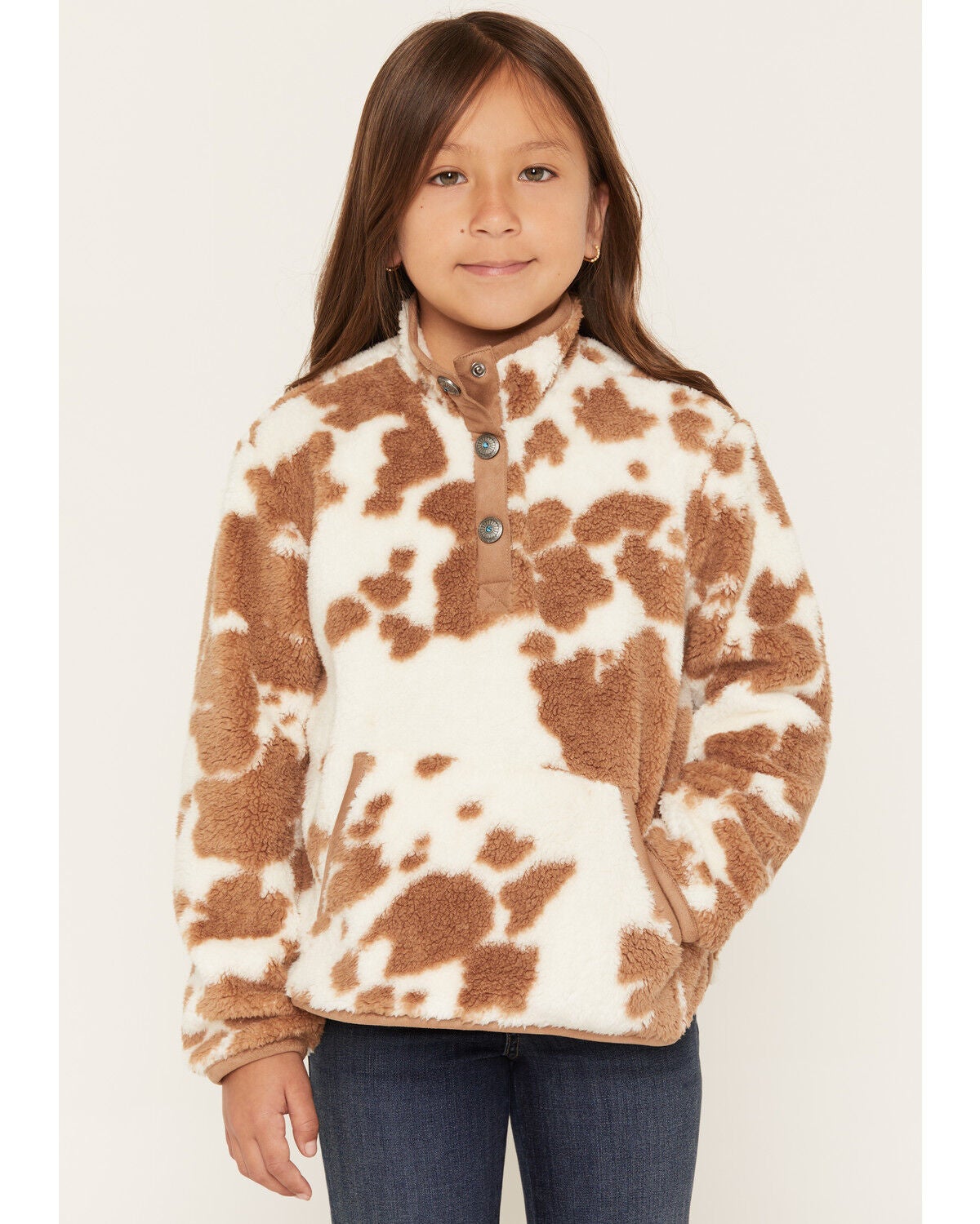 Shyanne Girls' Jackson Cow Print Polar Fleece Jacket, Bark, hi-res