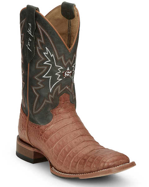 Justin Men's Haggard Exotic Caiman Western Boots - Broad Square Toe, Tan, hi-res