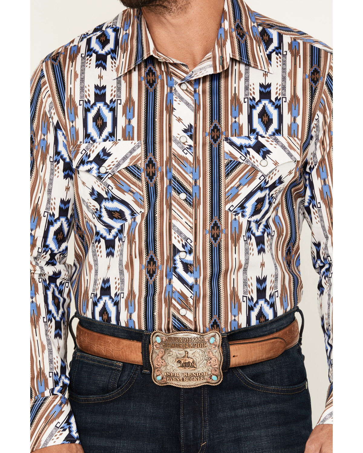 Image #3 - Rock & Roll Denim Men's Southwestern Print Long Sleeve Snap Stretch Western Shirt, Blue, hi-res